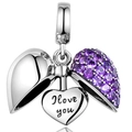 Silver heart charm with purple cubic zirconia and I Love You engraved pendant - Purple