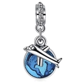 Silver airplane flying over blue enamel globe charm for starry night themed bracelets - Color 014