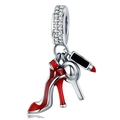 Silver charm featuring red high heel, mirror, and lipstick pendants for DIY bracelets - Red Heel & Mirror Trio (006)