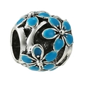 Silver bead charm with sky blue enamel flowers and metal center for DIY jewelry making - 3D Blue Floral Style (032)