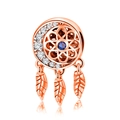 Rose gold dreamcatcher charm with crescent moon, blue stone and hanging leaves - Rose Gold