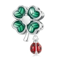 Kleeblatt-Anhänger aus Silber mit grüner Emaille und einem roten Marienkäfer-Element - Marienkäfer-Klee-Stil (Z-012)