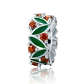 Silver bead charm with green enamel leaves and faceted orange gemstones for DIY bracelets - Green Leaf Orange Gem Barrel Bead (利耀-02) / Orange Green
