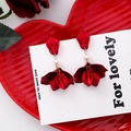 Elegant red flower petal drop earrings with white pearls on a 925 silver needle post - Red Series Style 4 (A764)