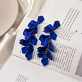 Detailed close-up of royal blue matte rose petal long tassel earrings on a silk background - Dark Blue (A671)