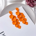 Detail of long orange petal drop earrings with matte finish and gold metallic links - Orange (A674)