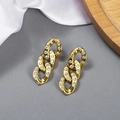 Close-up of gold chain earrings with sparkling white crystals on polished metal rings - Small 3-Link Chain Gold