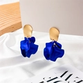 Elegant matte gold stud earrings with layered dark blue petal charms on white fabric - Dark Blue Petal Style (A664)