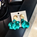 Elegant gold matte studs with dark green wavy petal pendants on 925 silver needles - Green