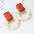 Bohemian geometric wooden stud earrings with creamy white rattan woven hoop pendants - Cream White Rattan Geometric Style (A646)