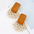 Handmade beaded geometric circular earrings with orange wood rectangular studs - Cream Beaded Style(A650)