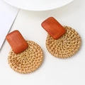 Bohemian geometric wooden rectangle and round woven rattan drop earrings for women - Reddish Brown Wood with Natural Rattan (A647)
