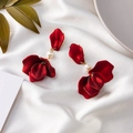 Elegant deep red petal drop earrings with white pearl and gold metal chain links - Rose Red (A681)