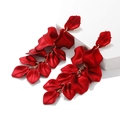 Exaggerated long red rose petal dangle earrings with golden metal link accents - Red