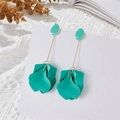 Detail of lake blue petal drop earrings with long gold chain and matte resin finish - Cyan (A1187)