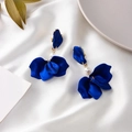 Detail of dark blue petal earrings with white pearl accent on silk background - Royal Blue Series Style 4 (A764)