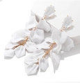 Elegant long fringe drop earrings with multi-layered matte white flower petals - White
