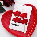 Detailed view of red ginkgo leaf earrings with gold chain and white pearl drop - Red Series Style 6 (A764)