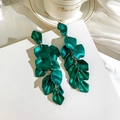 Long layered earrings with dark green petal pendants and delicate golden metal chains - Green