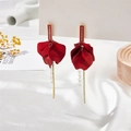 Elegant gold drop earrings with red velvet petals and sparkling rhinestone tassels - Pearlescent Red