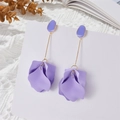 Elegant purple flower drop earrings with matte petals and golden accents on a display card - Purple (A1184)