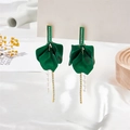 Detail of green petal tassel earrings with rhinestones and clear beads on silk - Holographic Green