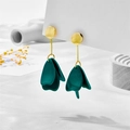 Detail of dark green petal pendant earrings with matte texture and gold accents - Deep Green Petal Style (A842)