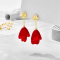 Detail of red petal earrings with gold metallic disc studs on a clean display - Red Petal Style (A841)