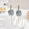 Detail of drop earrings with matte grey petals, crystal tassels and gold accents - Gray