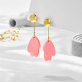 Detail view of pink petal drop earrings with gold metal studs on white fabric base - Pink Petal Style (A845)