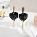 Retro black matte petal drop earrings with gold rhinestone chain and crystal tassels - Black