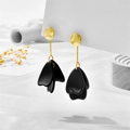 Elegant long gold drop earrings featuring matte black layered flower petals - Black Petal Style (A849)