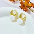 Elegant gold hoop earrings with iridescent white pearl drops on a white ceramic plate - Iridescent White (A409)
