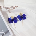 Deep blue petal drop earrings with gold textured studs and elegant long metal dangles - Pearlescent Royal Blue