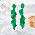 Detail view of long green matte petal tassel earrings with elegant gold chain links - Dark Green (A1068)