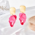 Detail of rose red petal drop earrings with matte gold studs on a wooden stand - Fuchsia Petal Style (A1065)