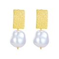 Retro baroque irregular pearl earrings with hammered gold rectangle metal studs - Matte Rectangle Style (A536)