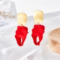 Close-up of elegant red petal drop earrings with golden studs on white silk fabric - Bright Red Petal Style (A1063)