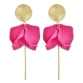 Macro detail of elegant petal earrings with matte pink texture and long golden rods - Rose Red
