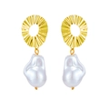 Baroque pearl drop earrings featuring irregular pearls and wrinkled golden metal discs - Pleated Metal Hollow Disc Baroque Pearl Earrings (A541)
