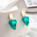 Detail of teal petal earrings with golden studs and elegant matte finish texture - Cyan Blue (Style C)