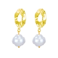 Baroque baroque pearl drop earrings with textured gold ring and irregular white pearl - Hollow Textured Circle Design (A531)