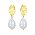 Baroque drop earrings with embossed rose gold studs and unique ridged white pearls - Rose Relief Teardrop Style (A532)
