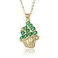 Macro shot of gold necklace with green gemstones and white rhinestones on white background - Tree Style / Green