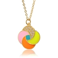 Detail of a colorful windmill pendant necklace with enamel inlay and zircon accents - Pink Orange Yellow Blue (D556-1)