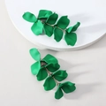 Matte green petal tassel drop earrings with gold metal links on white stage - Dark Green (A902)