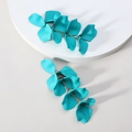 Matte cyan petal long tassel earrings with artistic tiered resin flower drops - Lake Blue