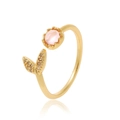 Elegante anillo abierto dorado con gema rosa redonda y detalles de hojas brillantes - Hoja de Capullo de Diamante Rosa