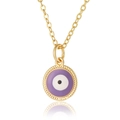 Golden Evil Eye pendant necklace with purple enamel and cable chain on white background - Purple