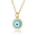 Close-up of golden evil eye pendant with blue enamel detail and polished beaded border - Sky Blue